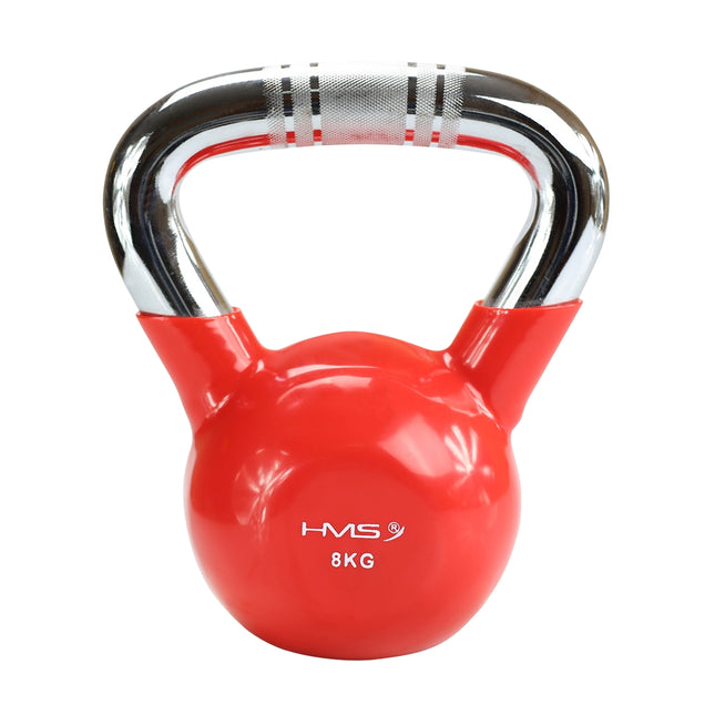 Kettlebell din fontă acoperită cu vinil roșu, mâner cromat