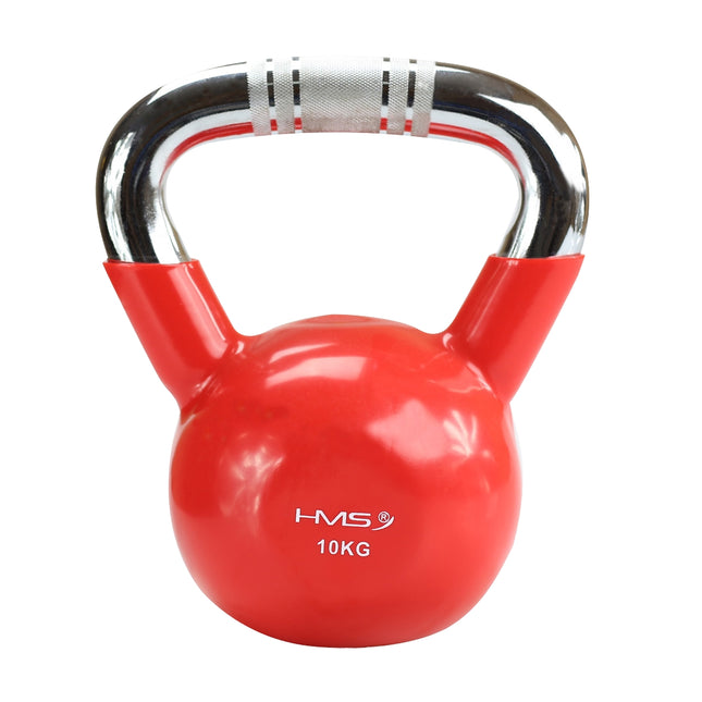 Kettlebell din fontă acoperită cu vinil roșu, mâner cromat