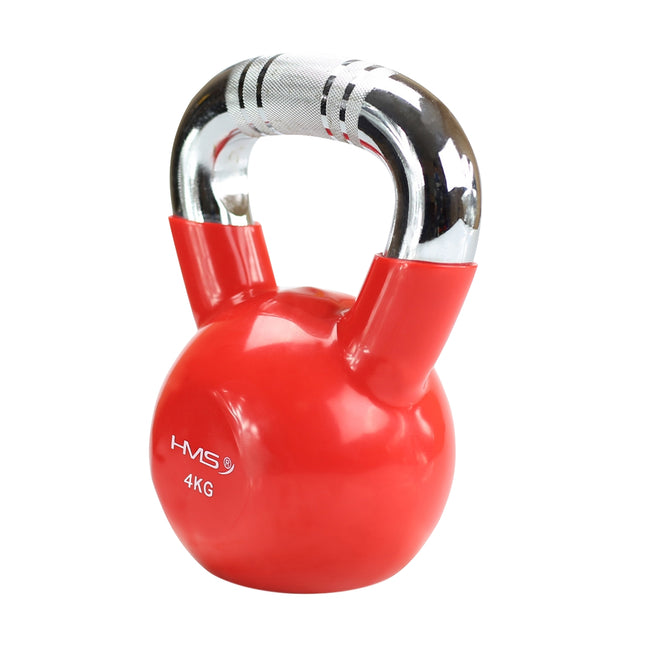 Kettlebell din fontă acoperită cu vinil roșu, mâner cromat