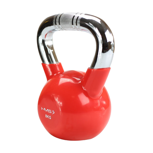 Kettlebell din fontă acoperită cu vinil roșu, mâner cromat