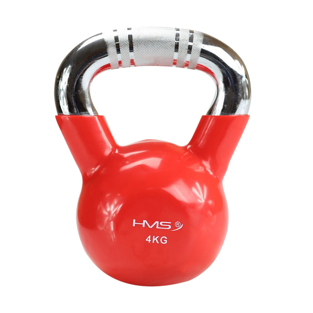 Kettlebell din fontă acoperită cu vinil roșu, mâner cromat