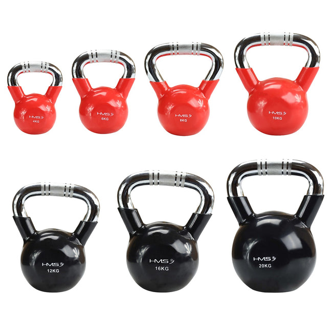 Kettlebell din fontă acoperită cu vinil roșu, mâner cromat