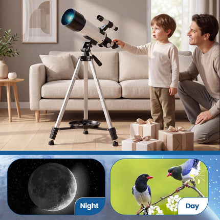 Refractor Telescope 70 mm with 2 Eyepieces and 3X Lens, Adjustable Tripod, White