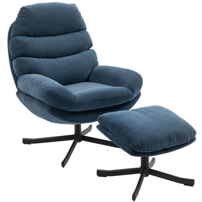 Fotoliu Relax cu Otoman, Material Chenille, Albastru, Rotație 360°