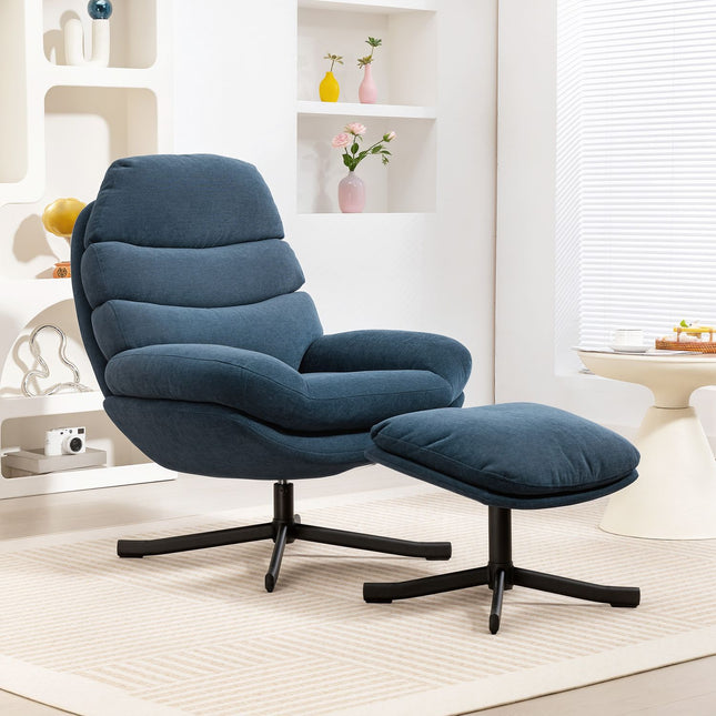 Fotoliu Relax cu Otoman, Material Chenille, Albastru, Rotație 360°