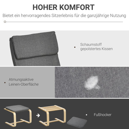 Relaxation chair in gray linen with armrests and footstool