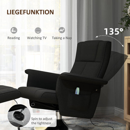 Scaun de relaxare cu taburet, scaun de masaj rotativ cu funcție de înclinare, masaj cu vibrații în 8 puncte, scaun TV electric cu telecomandă, aspect lenjerie, oțel, negru