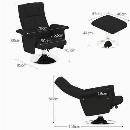 Scaun de relaxare cu taburet, scaun de masaj rotativ cu funcție de înclinare, masaj cu vibrații în 8 puncte, scaun TV electric cu telecomandă, aspect lenjerie, oțel, negru