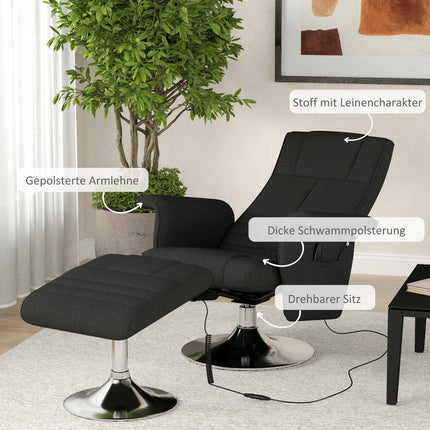 Scaun de relaxare cu taburet, scaun de masaj rotativ cu funcție de înclinare, masaj cu vibrații în 8 puncte, scaun TV electric cu telecomandă, aspect lenjerie, oțel, negru