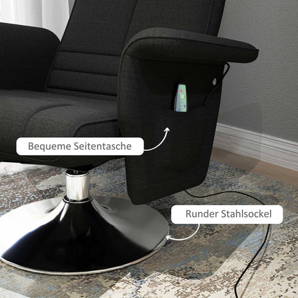 Scaun de relaxare cu taburet, scaun de masaj rotativ cu funcție de înclinare, masaj cu vibrații în 8 puncte, scaun TV electric cu telecomandă, aspect lenjerie, oțel, negru