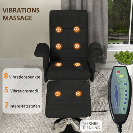 Scaun de relaxare cu taburet, scaun de masaj rotativ cu funcție de înclinare, masaj cu vibrații în 8 puncte, scaun TV electric cu telecomandă, aspect lenjerie, oțel, negru
