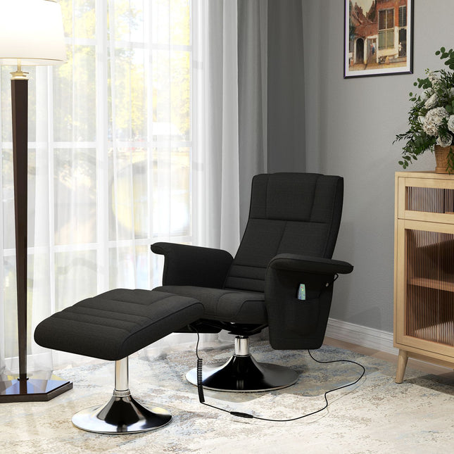 Scaun de relaxare cu taburet, scaun de masaj rotativ cu funcție de înclinare, masaj cu vibrații în 8 puncte, scaun TV electric cu telecomandă, aspect lenjerie, oțel, negru