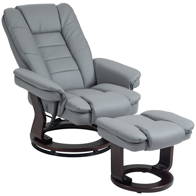 Scaun de relaxare cu taburet, scaun TV rotativ 360° cu funcție de înclinare, scaun TV, înclinabil, poate susține până la 130 kg pentru sufragerie, piele artificială, gri