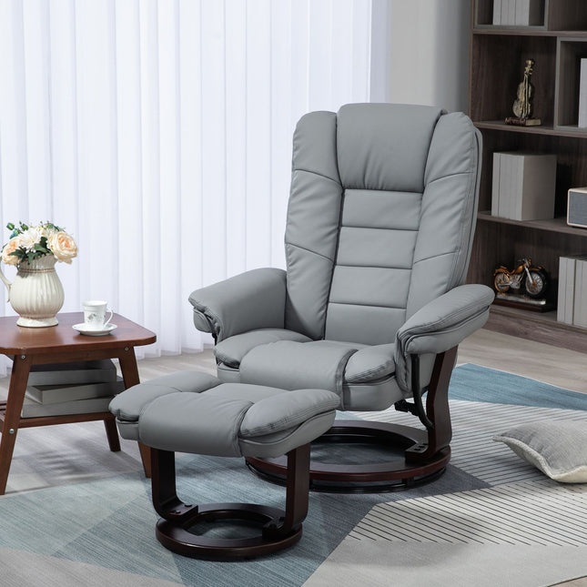 Scaun de relaxare cu taburet, scaun TV rotativ 360° cu funcție de înclinare, scaun TV, înclinabil, poate susține până la 130 kg pentru sufragerie, piele artificială, gri