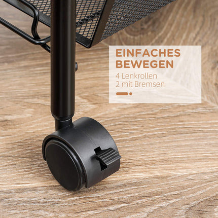 Cărucior detașabil de servire Cărucior de bucătărie cu 4 niveluri cu cârlige Cărucior de depozitare cu mâner Frâne pentru bucătărie Sufragerie Oțel Negru