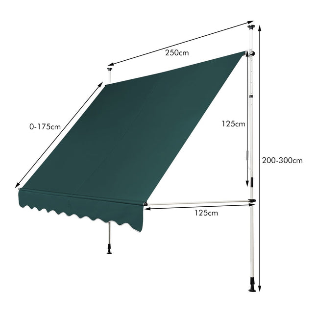 Copertină retractabilă pentru balcon, 250 cm, rezistentă la UV, verde
