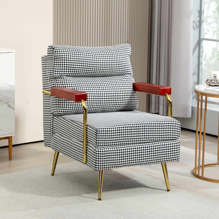 Scaun retro, model Houndstooth, elemente din lemn și auriu
