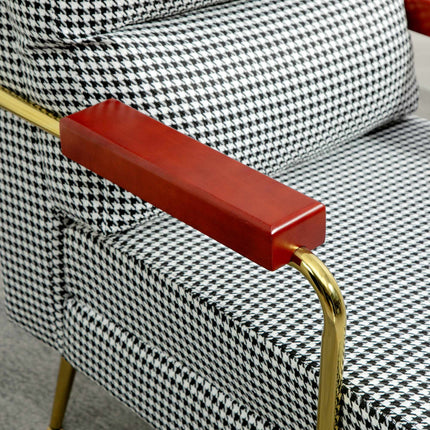 Scaun retro, model Houndstooth, elemente din lemn și auriu
