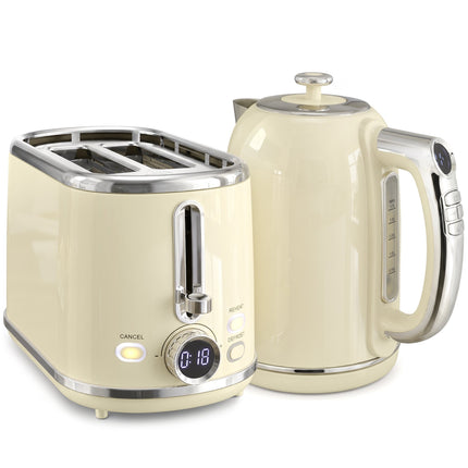 Set fierbător și prăjitor de pâine retro cu afișaj LED, crem