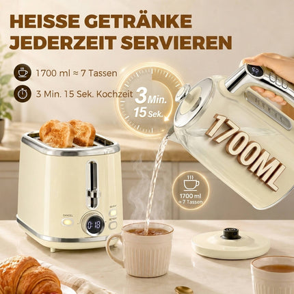 Set fierbător și prăjitor de pâine retro cu afișaj LED, crem