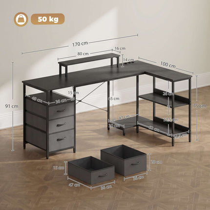 Birou reversibil în formă de L cu sertare, negru, 170 cm