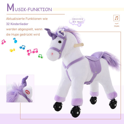 Plush riding horse on wheels, purple, neighbor sound, 55x23x60 cm