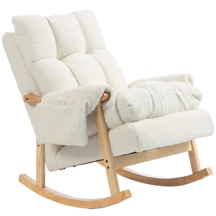 Rocking Chair with 2 Side Pockets and Rubberwood Legs, Cream White, Snow Flannel