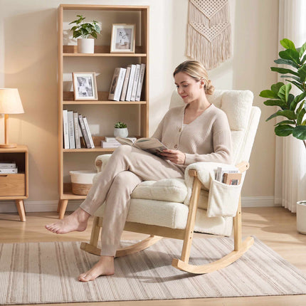 Rocking Chair with 2 Side Pockets and Rubberwood Legs, Cream White, Snow Flannel