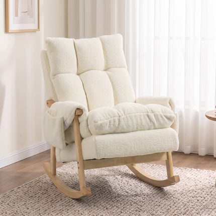Rocking Chair with 2 Side Pockets and Rubberwood Legs, Cream White, Snow Flannel