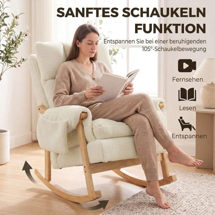 Rocking Chair with 2 Side Pockets and Rubberwood Legs, Cream White, Snow Flannel
