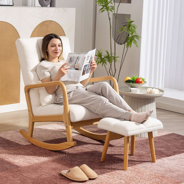 Scaun balansoar cu otoman, husa fleece, spatar inalt, picioare din lemn