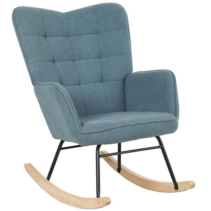 balansoar, balansoar cu aspect berber fleece, cotiera, scaun capitonat cu patinte din lemn, scaun de relaxare pentru living, dormitor, capacitate de incarcare pana la 120 kg, albastru deschis