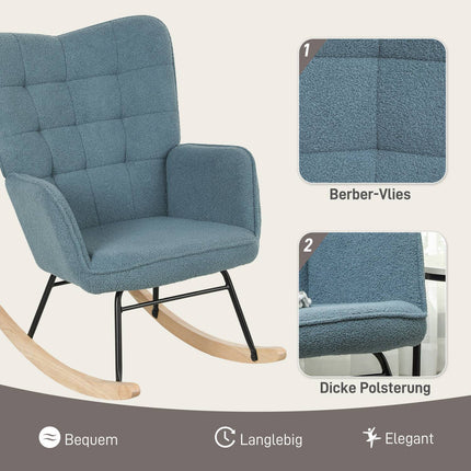 balansoar, balansoar cu aspect berber fleece, cotiera, scaun capitonat cu patinte din lemn, scaun de relaxare pentru living, dormitor, capacitate de incarcare pana la 120 kg, albastru deschis