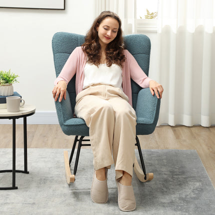 balansoar, balansoar cu aspect berber fleece, cotiera, scaun capitonat cu patinte din lemn, scaun de relaxare pentru living, dormitor, capacitate de incarcare pana la 120 kg, albastru deschis