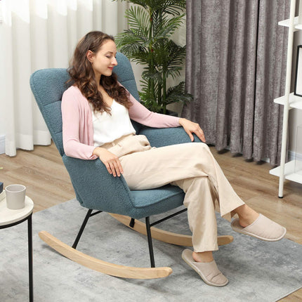 balansoar, balansoar cu aspect berber fleece, cotiera, scaun capitonat cu patinte din lemn, scaun de relaxare pentru living, dormitor, capacitate de incarcare pana la 120 kg, albastru deschis