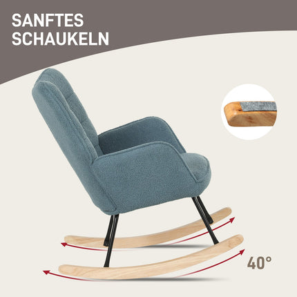 balansoar, balansoar cu aspect berber fleece, cotiera, scaun capitonat cu patinte din lemn, scaun de relaxare pentru living, dormitor, capacitate de incarcare pana la 120 kg, albastru deschis