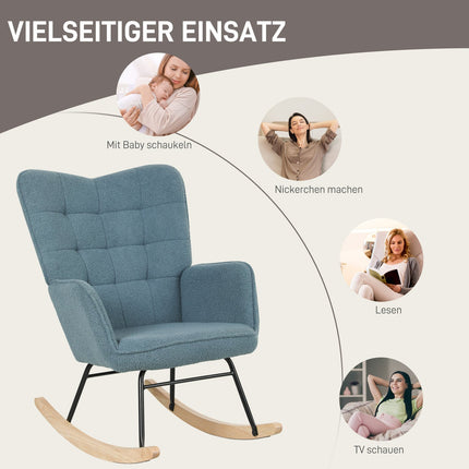 balansoar, balansoar cu aspect berber fleece, cotiera, scaun capitonat cu patinte din lemn, scaun de relaxare pentru living, dormitor, capacitate de incarcare pana la 120 kg, albastru deschis