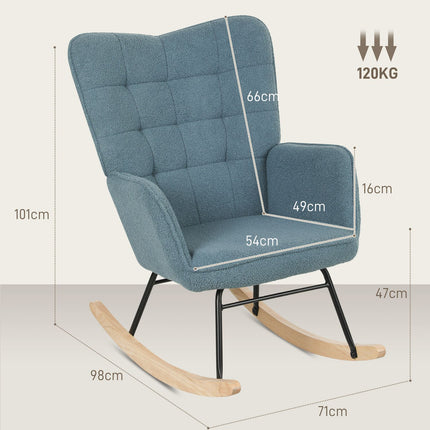 balansoar, balansoar cu aspect berber fleece, cotiera, scaun capitonat cu patinte din lemn, scaun de relaxare pentru living, dormitor, capacitate de incarcare pana la 120 kg, albastru deschis