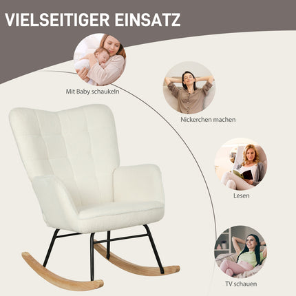 balansoar, balansoar cu aspect berber fleece, cotiera, scaun capitonat cu patinte din lemn, scaun de relaxare pentru living, dormitor, capacitate de incarcare pana la 120 kg, alb