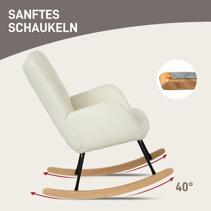 balansoar, balansoar cu aspect berber fleece, cotiera, scaun capitonat cu patinte din lemn, scaun de relaxare pentru living, dormitor, capacitate de incarcare pana la 120 kg, alb