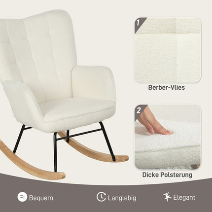 balansoar, balansoar cu aspect berber fleece, cotiera, scaun capitonat cu patinte din lemn, scaun de relaxare pentru living, dormitor, capacitate de incarcare pana la 120 kg, alb