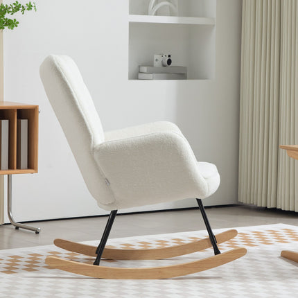 balansoar, balansoar cu aspect berber fleece, cotiera, scaun capitonat cu patinte din lemn, scaun de relaxare pentru living, dormitor, capacitate de incarcare pana la 120 kg, alb
