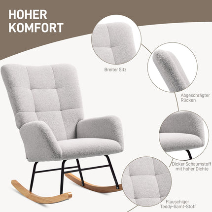 Light gray velvet rocking chair - Wooden armrests and runners