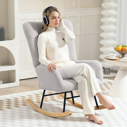 Light gray velvet rocking chair - Wooden armrests and runners