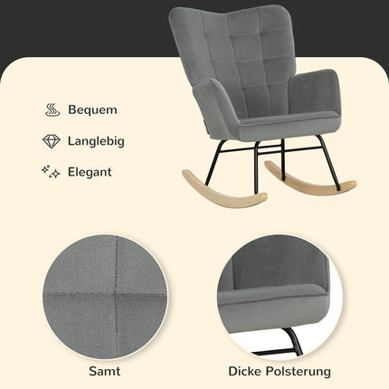 Dark gray rocking chair in velvet look with armrests