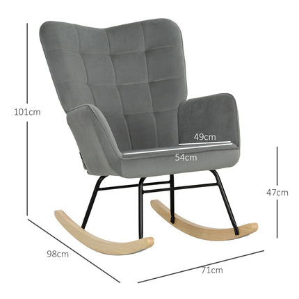 Dark gray rocking chair in velvet look with armrests