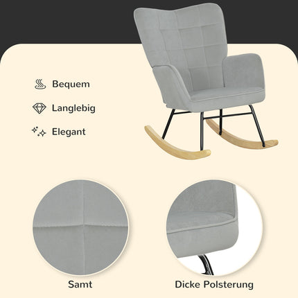 Light gray rocking chair in velvet look with wooden runners