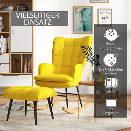 Beige rocking chair in linen look with ottoman, 130 kg Capacity
