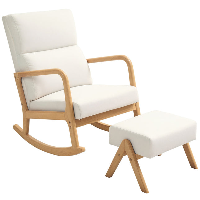 Rocking chair in cream white linen look with stool - 150 kg capacity