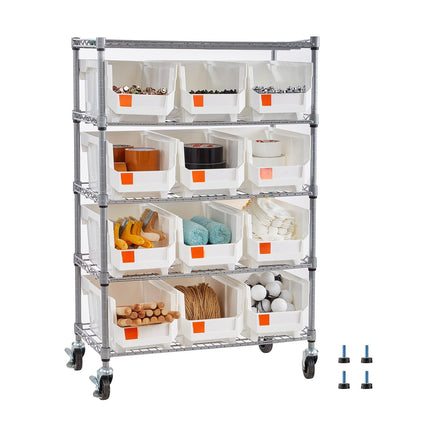 Rolling Bin Storage Rack, 5-Tier, 12 Bins, Wheels